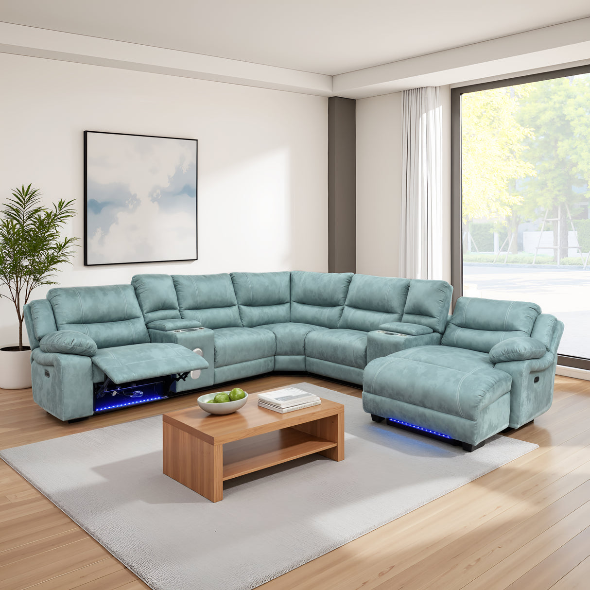 Power Reclining Sectional Sofa with LED Lights, Bluetooth Speakers & Storage Console - Light Green by Sara Collections | Bel Furniture