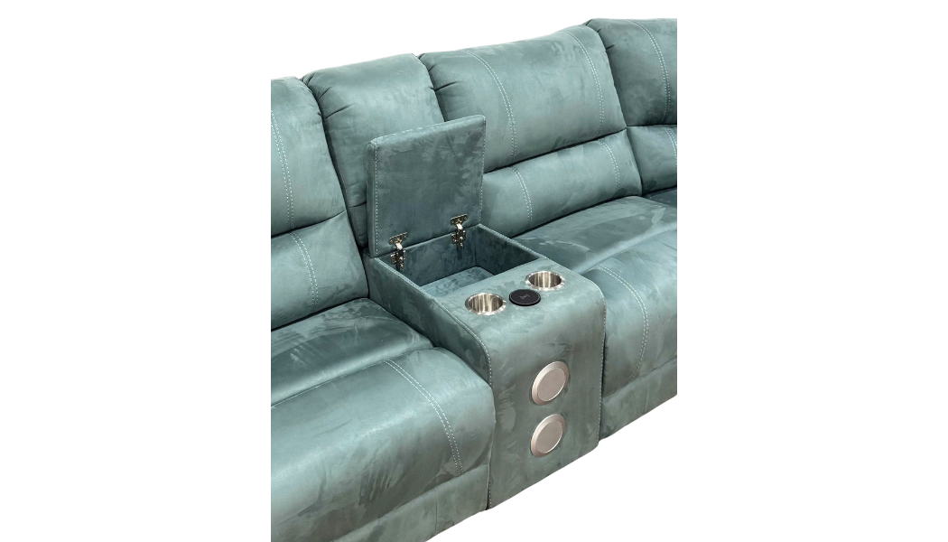 Power Reclining Sectional Sofa with LED Lights, Bluetooth Speakers & Storage Console - Light Green by Sara Collections | Bel Furniture