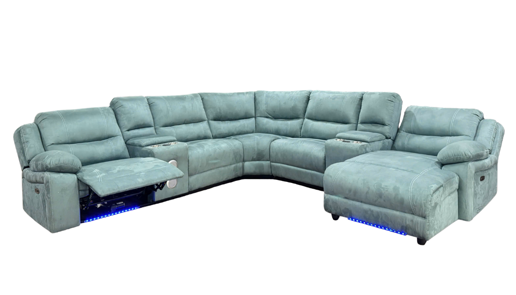 Power Reclining Sectional Sofa with LED Lights, Bluetooth Speakers & Storage Console - Light Green by Sara Collections | Bel Furniture