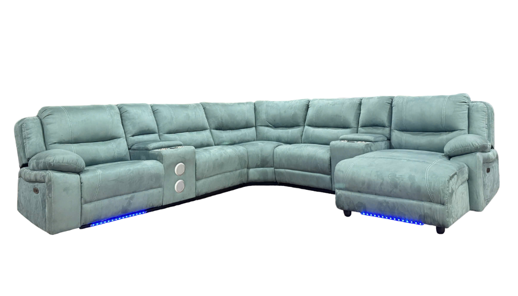 Power Reclining Sectional Sofa with LED Lights, Bluetooth Speakers & Storage Console - Light Green by Sara Collections | Bel Furniture