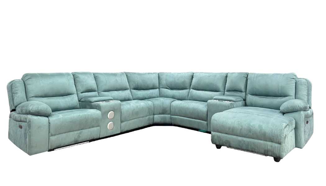 Power Reclining Sectional Sofa with LED Lights, Bluetooth Speakers & Storage Console - Light Green by Sara Collections | Bel Furniture