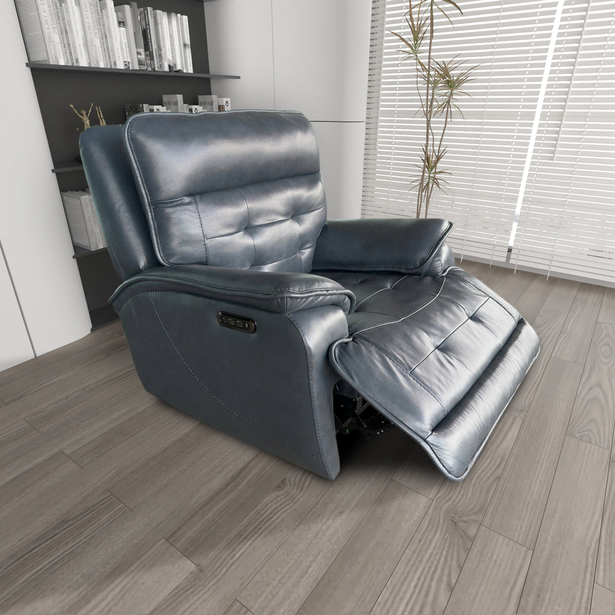 Jade Blue Top-Grain Leather Dual-Power Recliner with USB Charging & Adjustable Headrest
