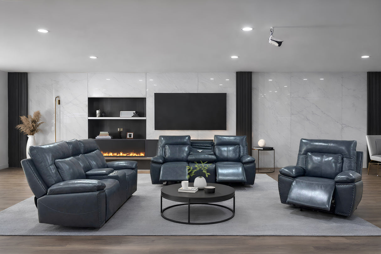 Modern 3-Piece Top Grain Leather Power Reclining Living Room Set with Console, Drop-Down Table, Cup Holders & USB (Slate)