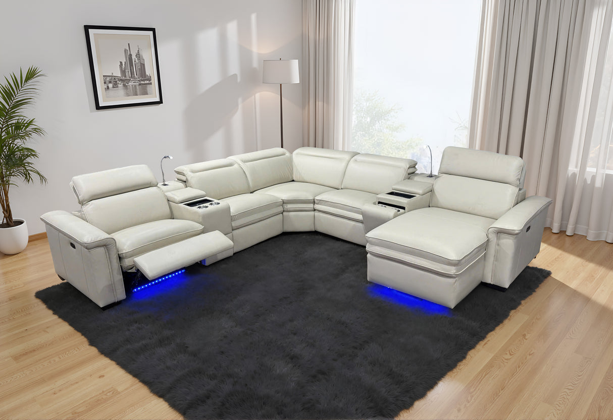 7 Piece White Power Reclining Sectional with LED, Chaise & Storage by Sara Collections | Bel Furniture