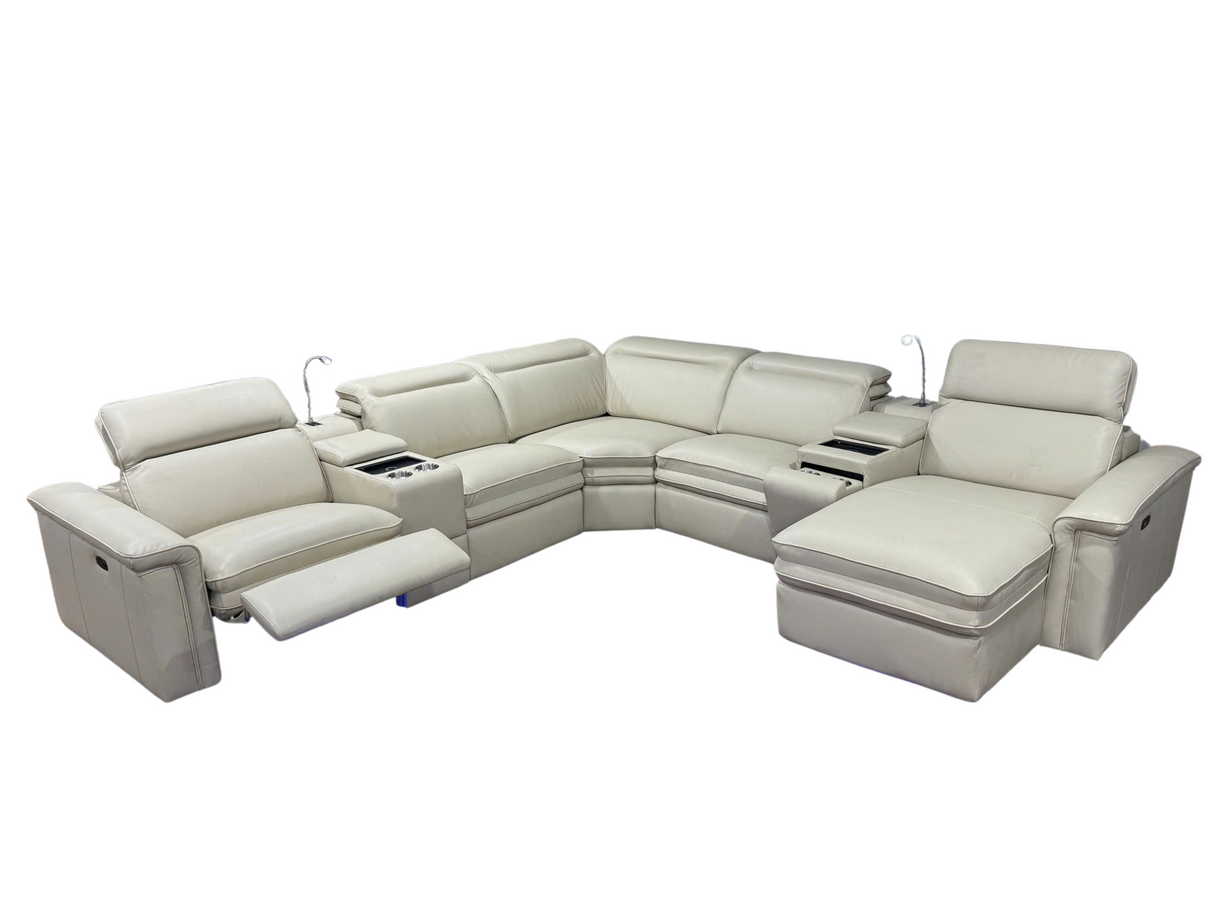 7 Piece White Power Reclining Sectional with LED, Chaise & Storage by Sara Collections | Bel Furniture