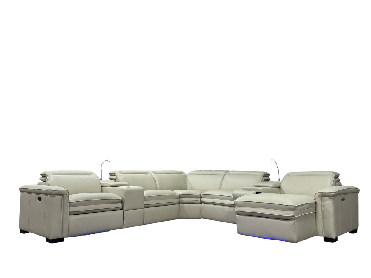 7 Piece White Power Reclining Sectional with LED, Chaise & Storage by Sara Collections | Bel Furniture