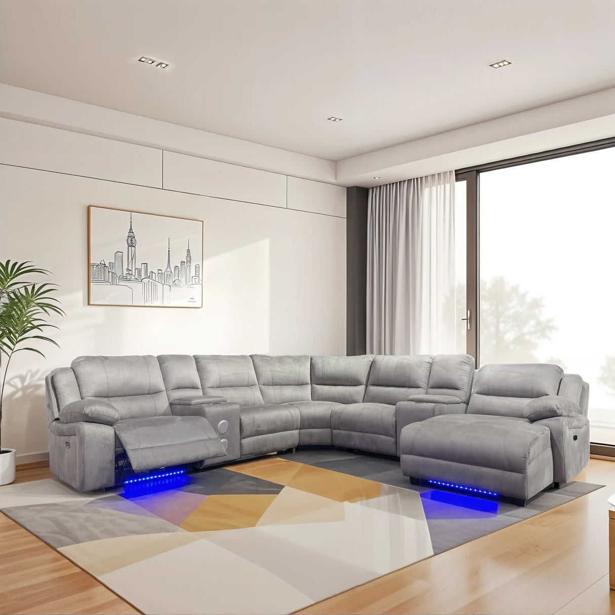 Power Reclining Sectional Sofa with LED Lights, Bluetooth Speakers & Storage Console - Beige by Sara Collections | Bel Furniture