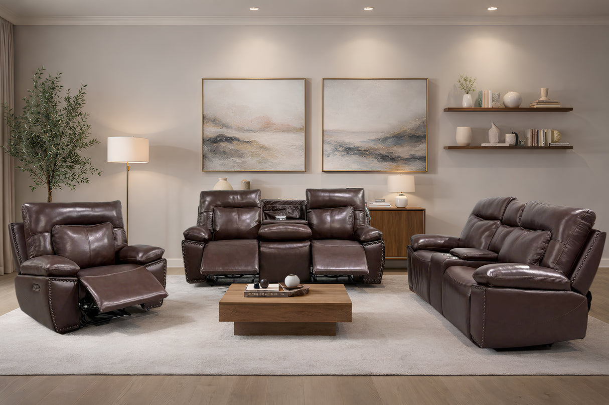 Dark Brown 3‑Piece Reclining Living Room Set with Top‑Grain Leather Seating