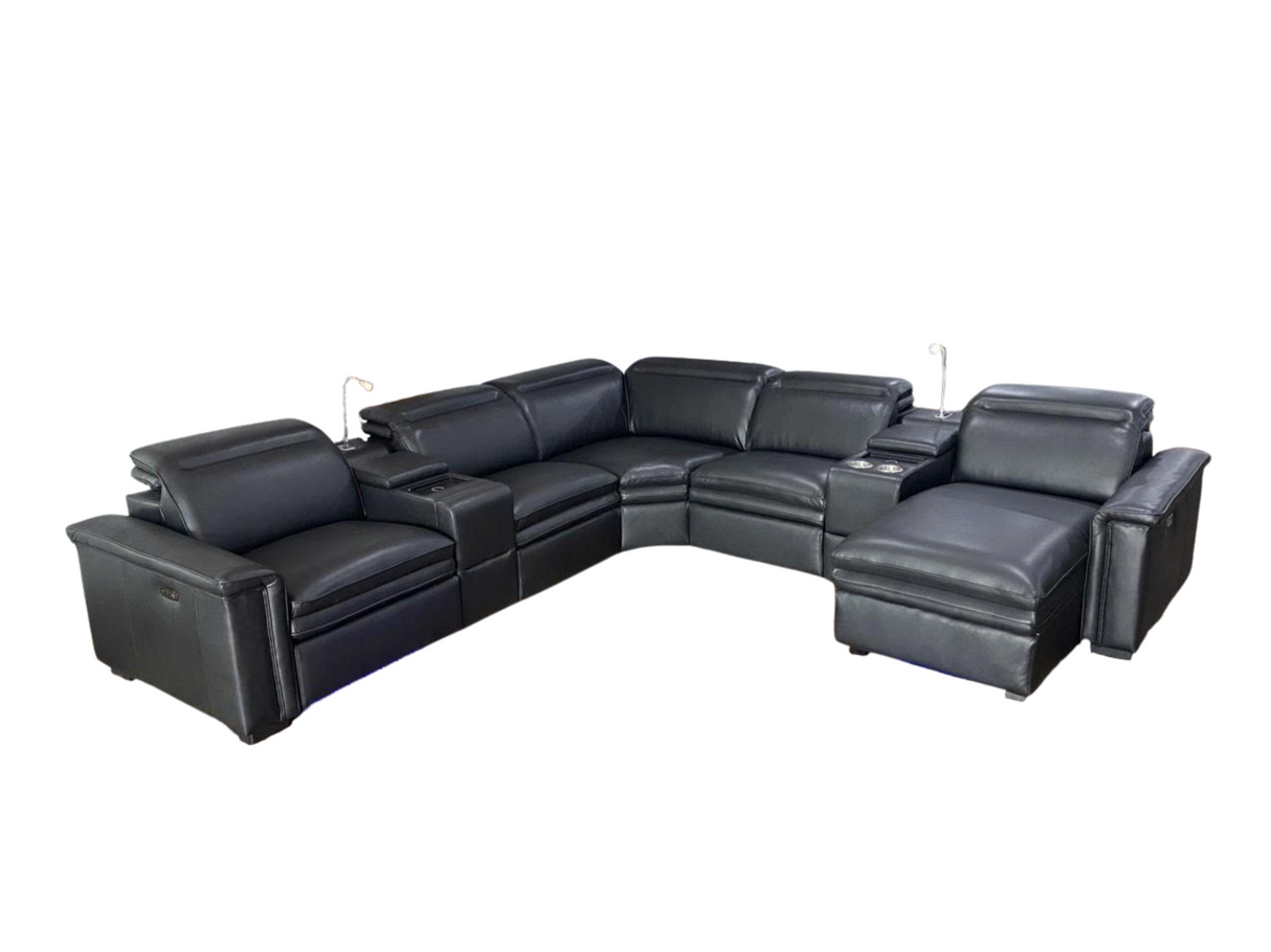 Modern Black 7 Piece Power Reclining Sectional with Chaise and LED Lights
