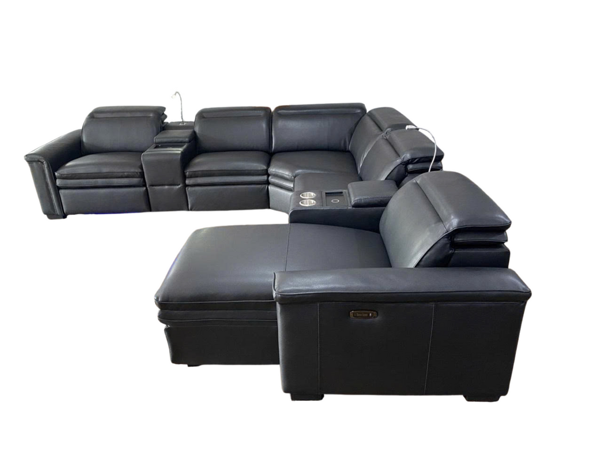 Modern Black 7 Piece Power Reclining Sectional with Chaise and LED Lights