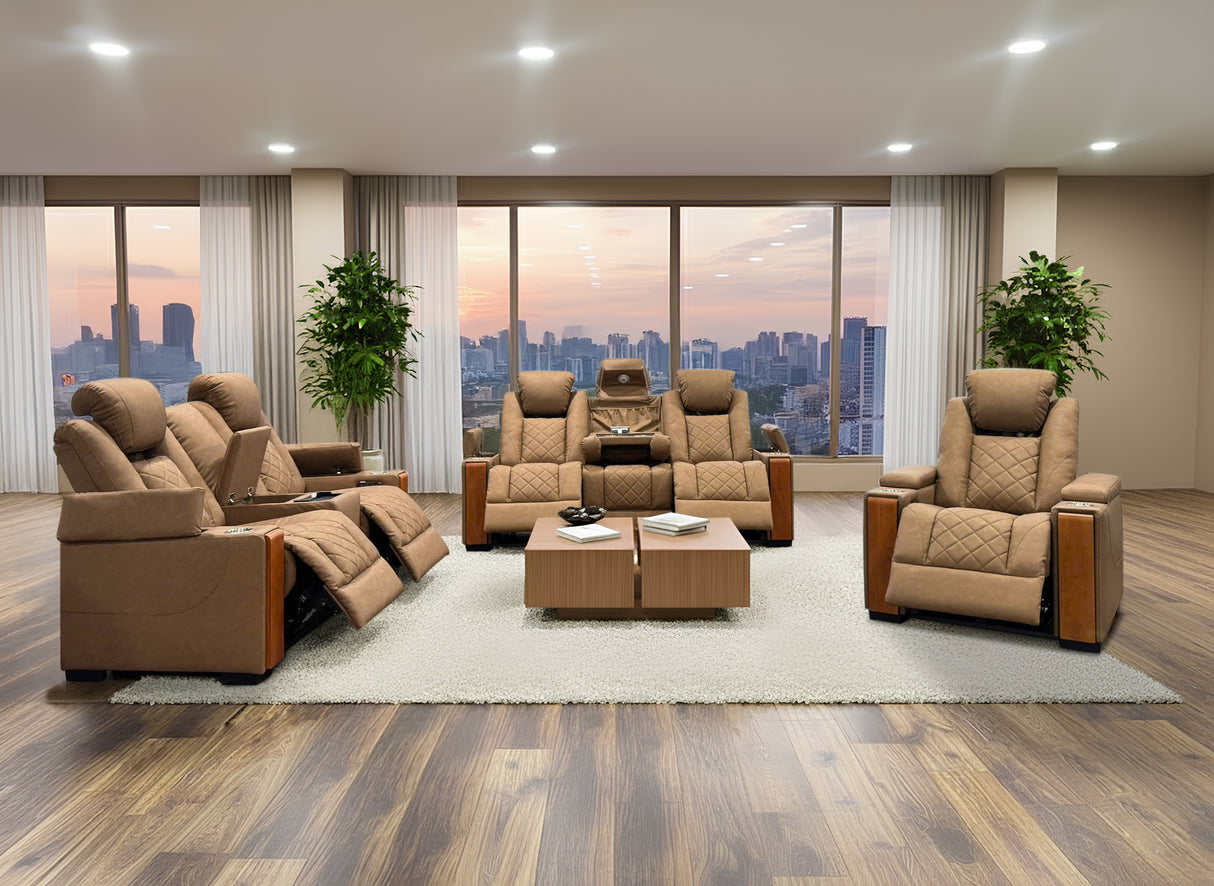 Modern 3-Piece Power Reclining Living Room Set in Camel - Power Headrests, USB & Wireless Charging, Hidden Armrest Storage, Cup Holders, & Reading Light