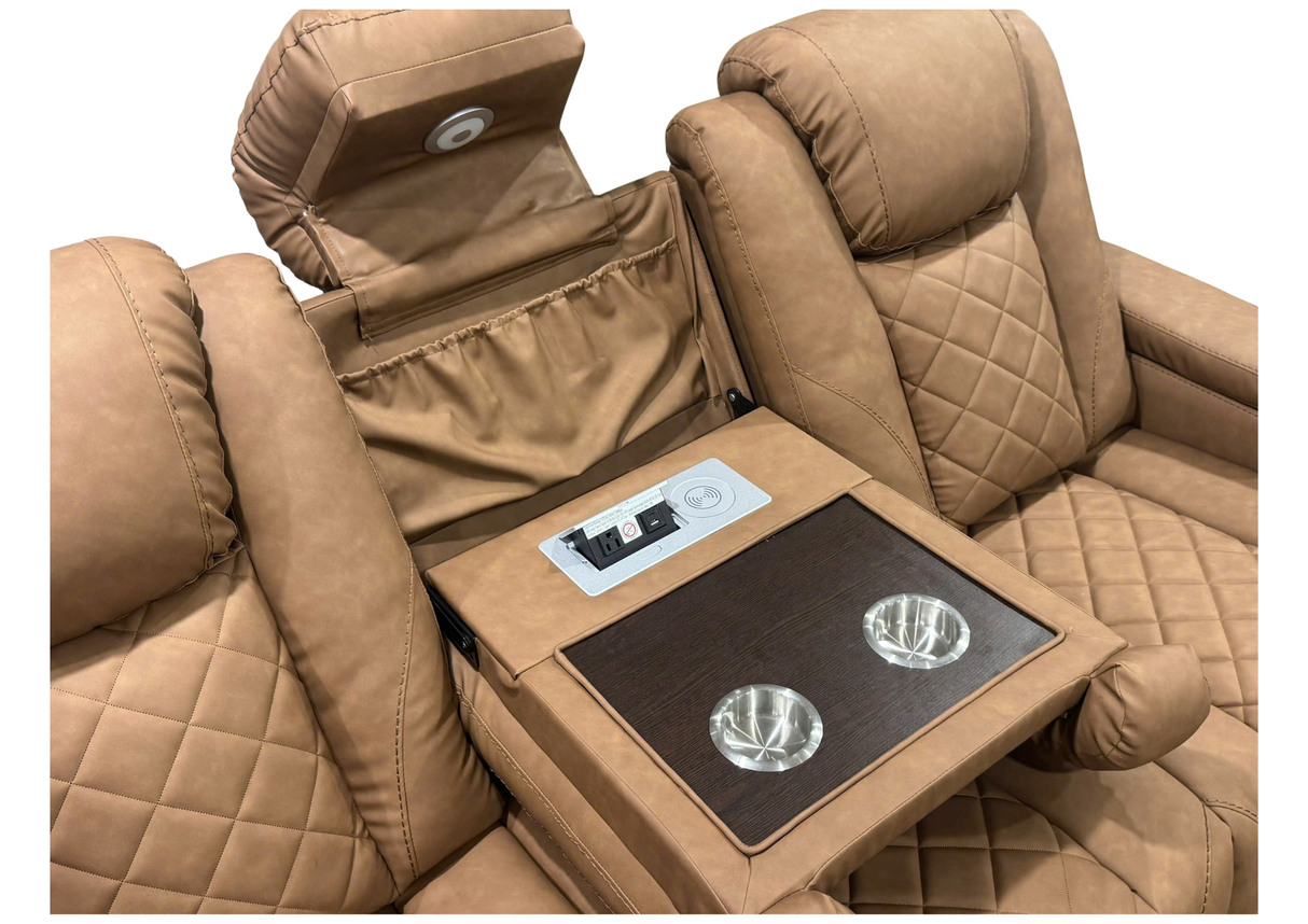 Brown recliner chair with an extended armrest and tray table on a white background