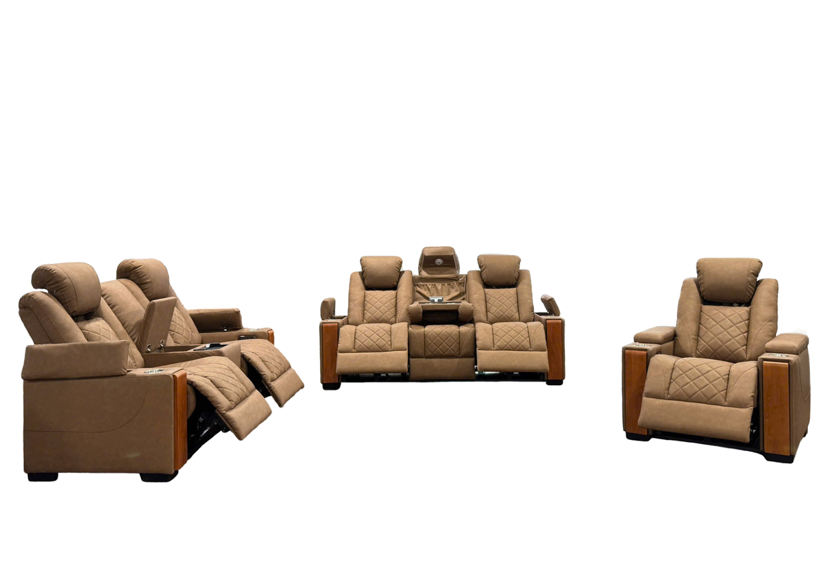 Modern 3-Piece Power Reclining Living Room Set in Camel - Power Headrests, USB & Wireless Charging, Hidden Armrest Storage, Cup Holders, & Reading Light