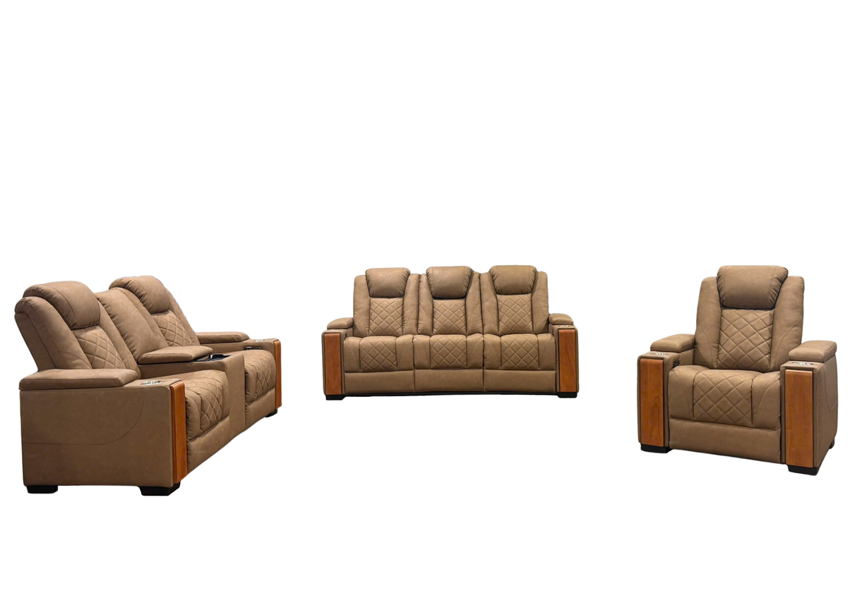 Brown leather reclining sofa set on a white background