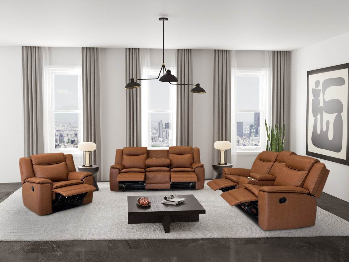 3 Piece Camel Manual Reclining Living Room Set with Console and Wireless Charging