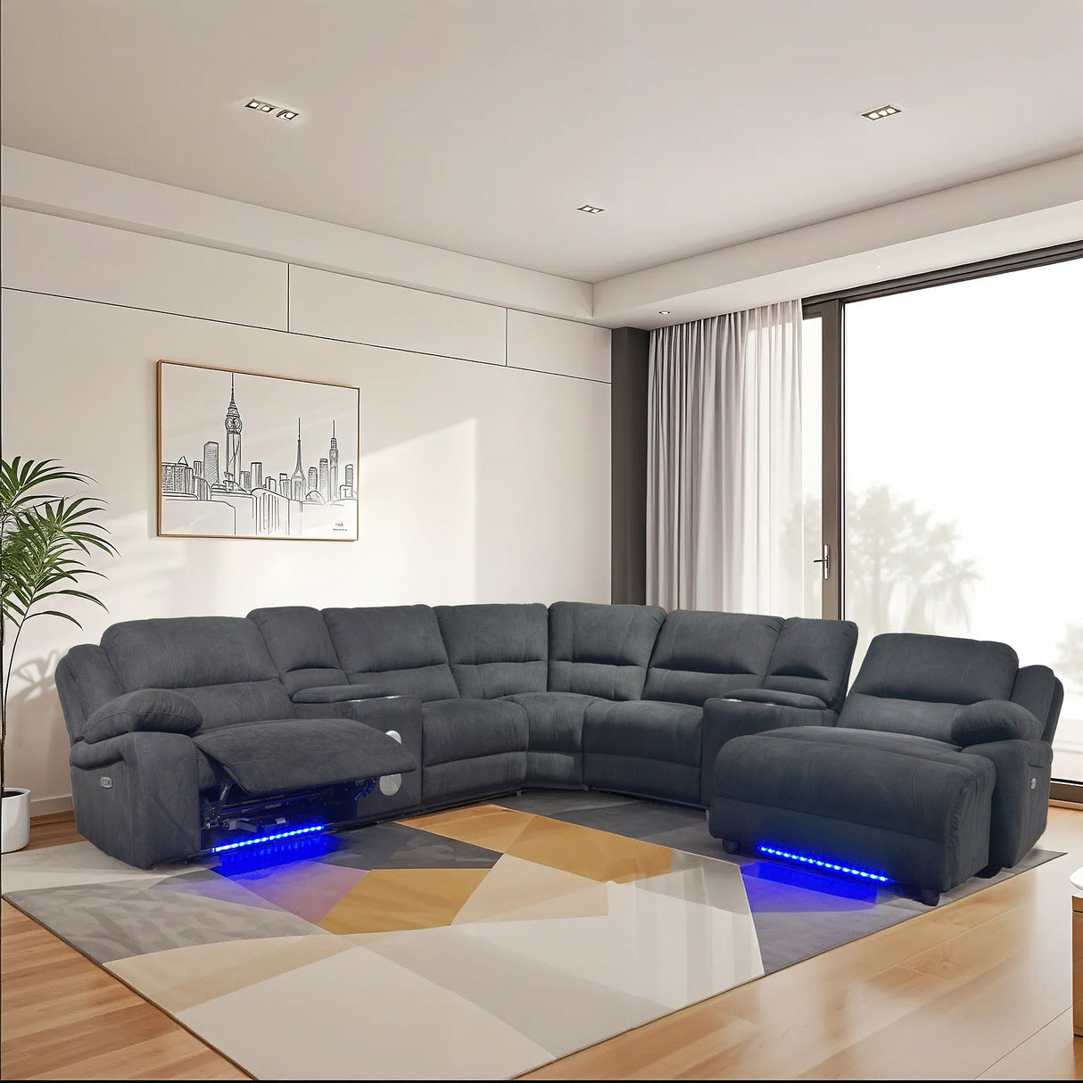 Power Reclining Sectional Sofa with LED Lights, Bluetooth Speakers & Storage Console - Black by Sara Collections | Bel Furniture