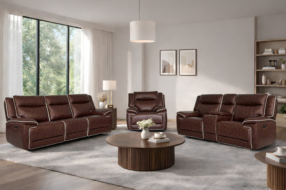 Contemporary Dark Brown Dual Power Reclining 3-Piece Living Room Set w/ USB & Wireless Charging, Console Storage & Drop-Down Table