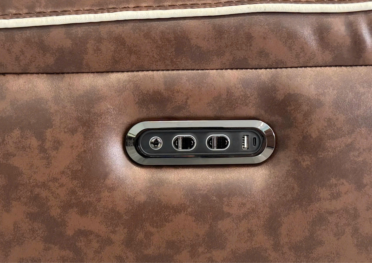 Contemporary Dark Brown Dual Power Reclining 3-Piece Living Room Set w/ USB & Wireless Charging, Console Storage & Drop-Down Table