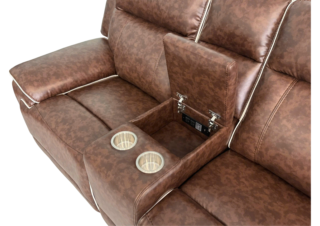 Contemporary Dark Brown Dual Power Reclining 3-Piece Living Room Set w/ USB & Wireless Charging, Console Storage & Drop-Down Table