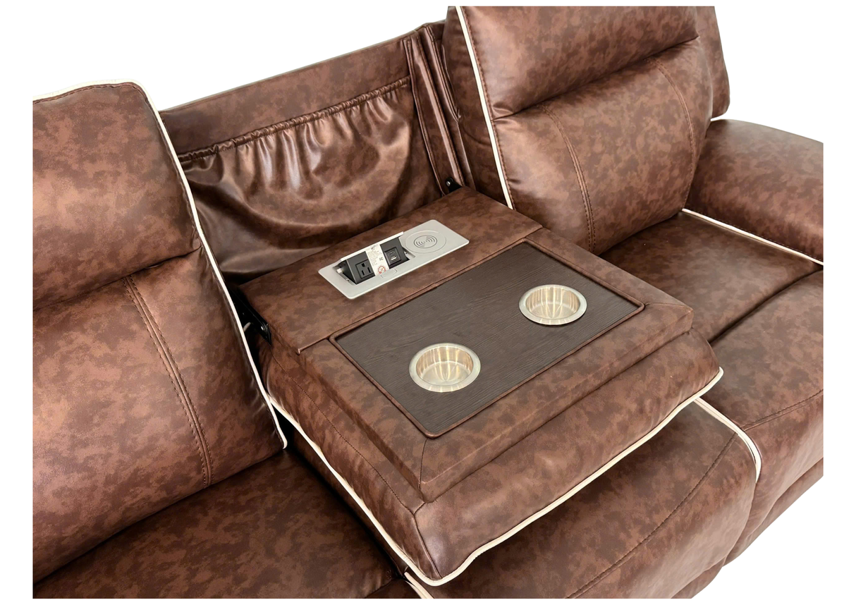 Contemporary Dark Brown Dual Power Reclining 3-Piece Living Room Set w/ USB & Wireless Charging, Console Storage & Drop-Down Table