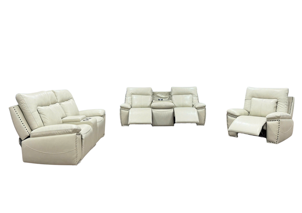 3-Piece Top Grain Leather Power Reclining Living Room Set with Console, Drop-Down Table, Cup Holders & USB (Cream)