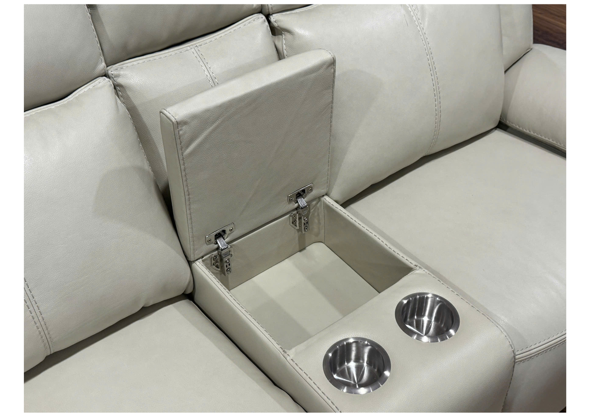 3-Piece Top Grain Leather Power Reclining Living Room Set with Console, Drop-Down Table, Cup Holders & USB (Cream)