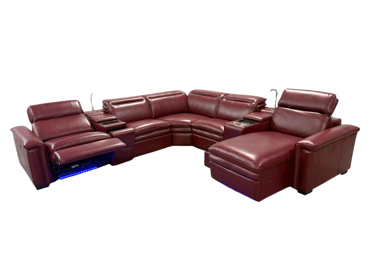 Modern Burgundy Red 7-Piece U-Shaped Power Reclining Sectional with Chaise, LED Lights & Charging