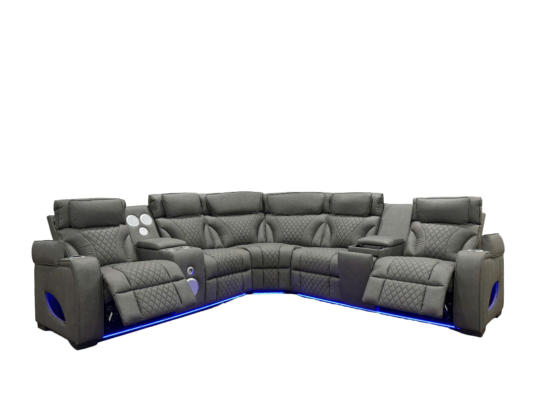 Contemporary Gray Power Reclining Sectional with Power Headrests, LED, Speakers & Wireless Charging
