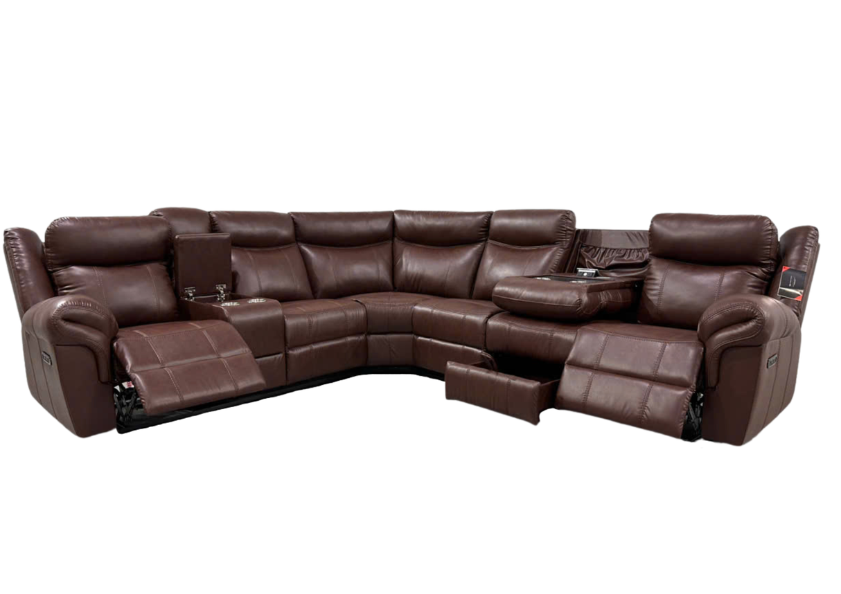 Modern Power Reclining Sectional with Power Headrests, Drop-Down Table, Cup Holders, USB/AC Power & Storage (Brown)