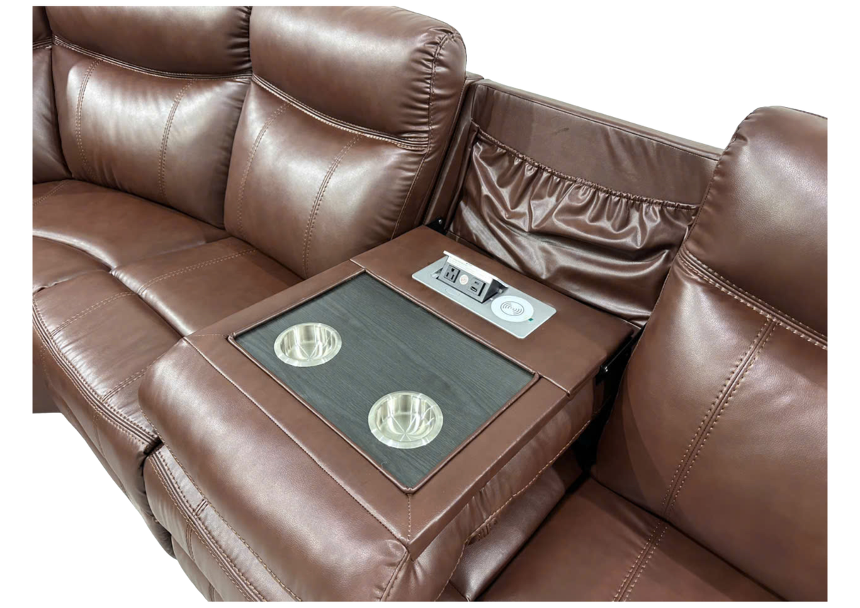 Modern Power Reclining Sectional with Power Headrests, Drop-Down Table, Cup Holders, USB/AC Power & Storage (Brown)