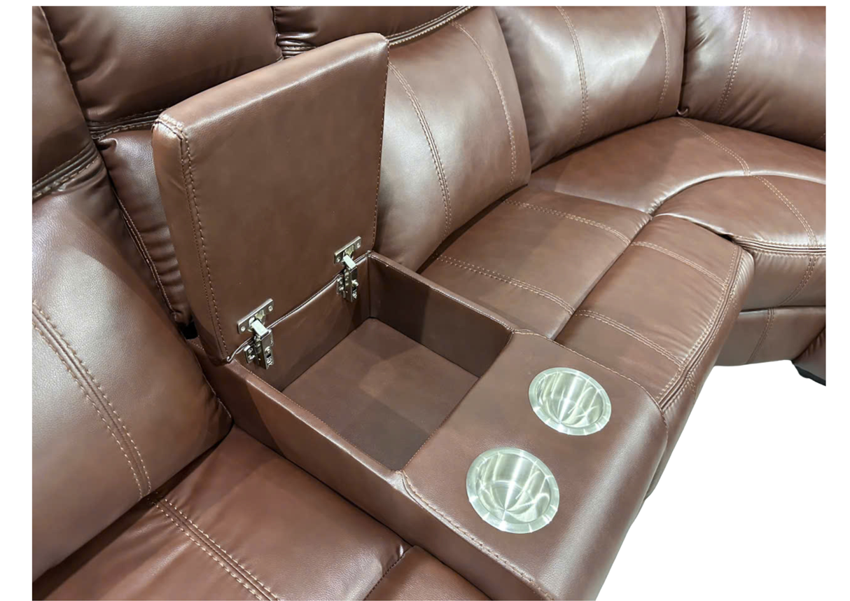 Modern Power Reclining Sectional with Power Headrests, Drop-Down Table, Cup Holders, USB/AC Power & Storage (Brown)