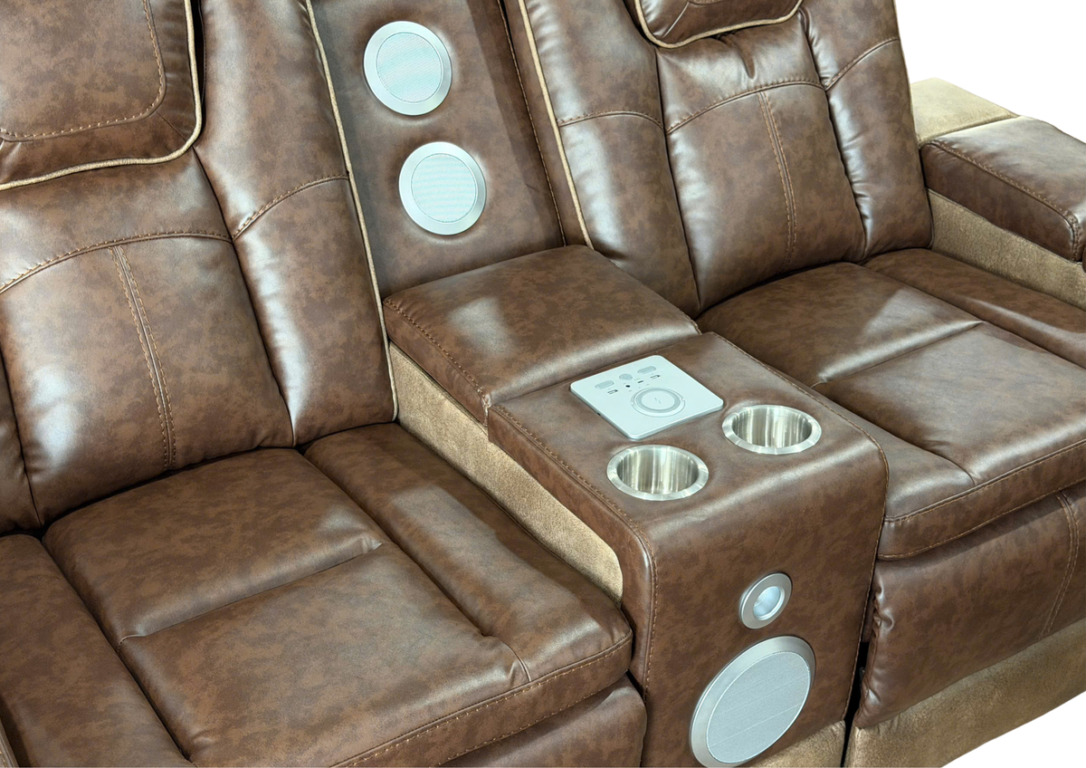 Brown & Light Brown 3-Piece Power Reclining Living Room Set with Power Headrests, Bluetooth Speakers & LED Lights