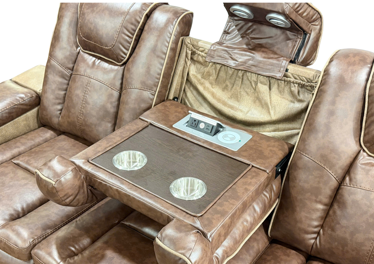 Brown & Light Brown 3-Piece Power Reclining Living Room Set with Power Headrests, Bluetooth Speakers & LED Lights