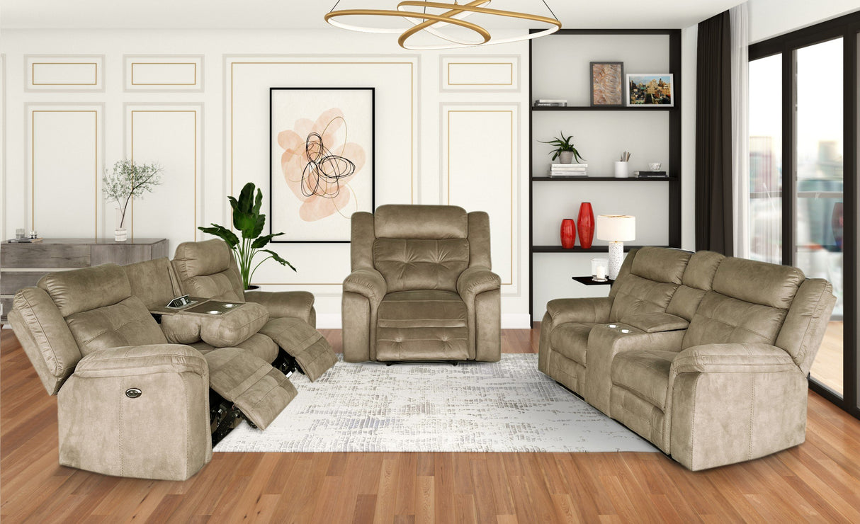 Keily Brown Power Reclining Sofa, Stationary Loveseat & Power Recliner Set with Console