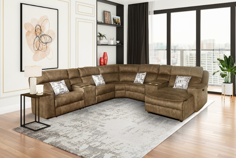 Connery Brown 4-Piece Manual Reclining Sectional with Chaise, Dual Consoles & Cup Holders