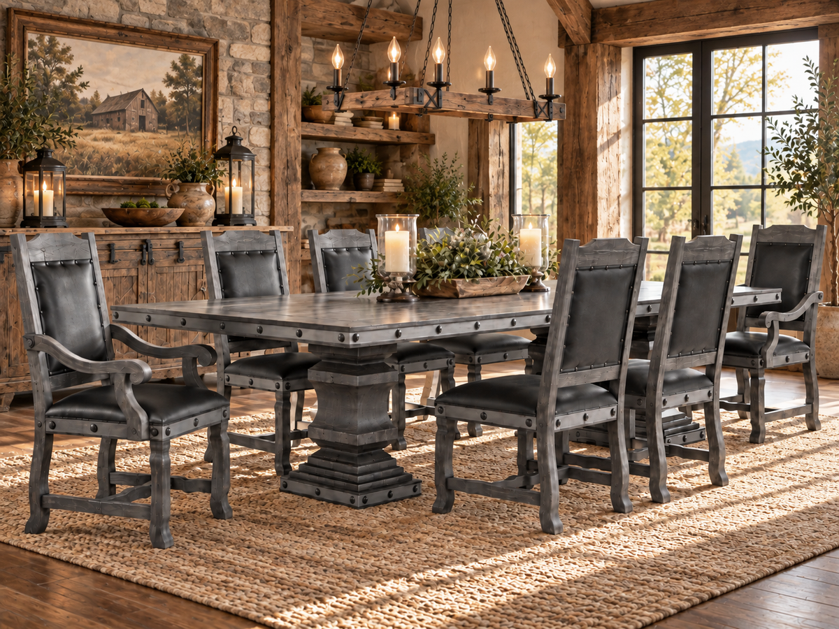 Rustic Weathered Gray 9-Piece Dining Room Set with 102-Inch Double-Pedestal Table & Nailhead-Trim Upholstered Chairs