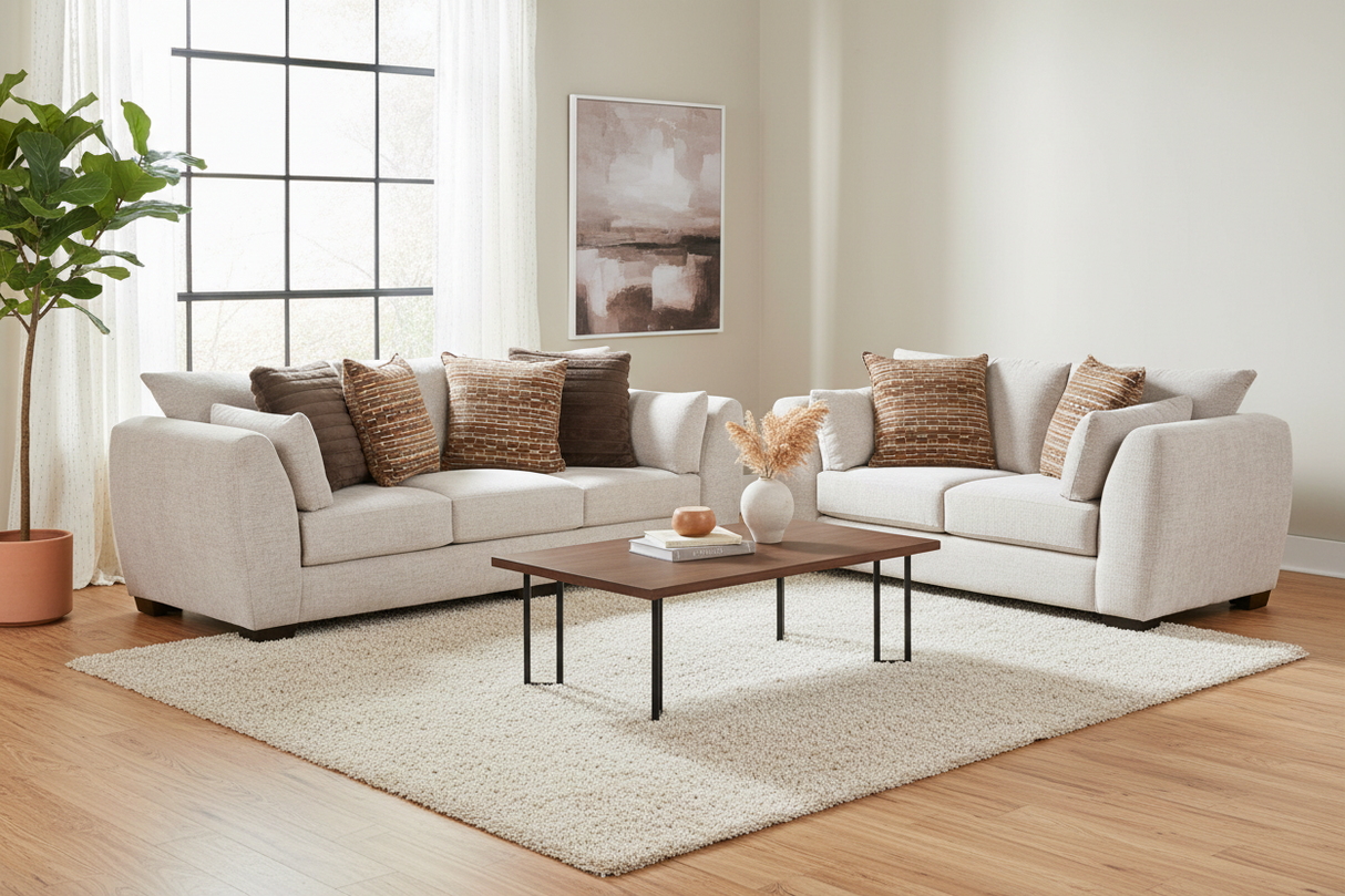 Light Neutral 2-Piece Sofa and Loveseat Set with Accent Pillow Style
