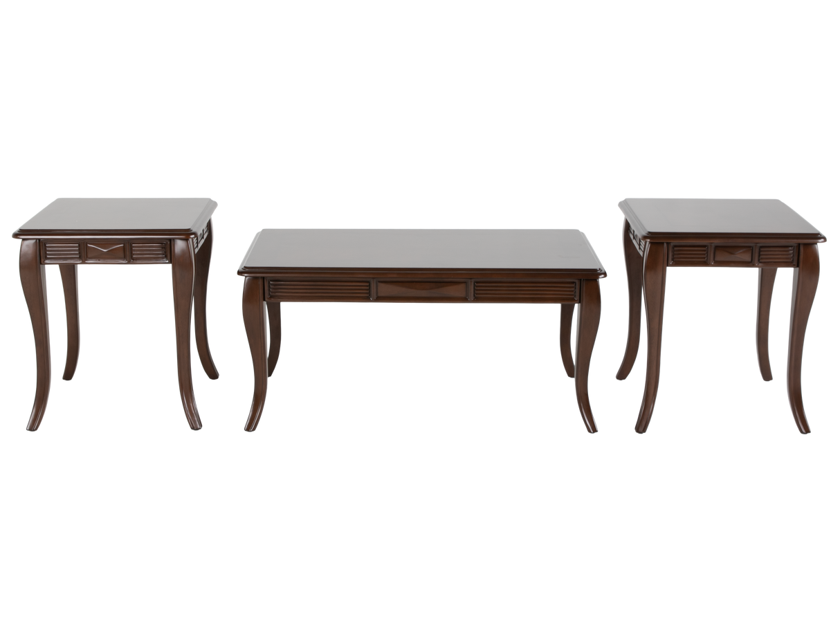 Transitional Dark Brown 3-Piece Coffee Table Set with Framed Inlay-Style Tops & Curved Legs
