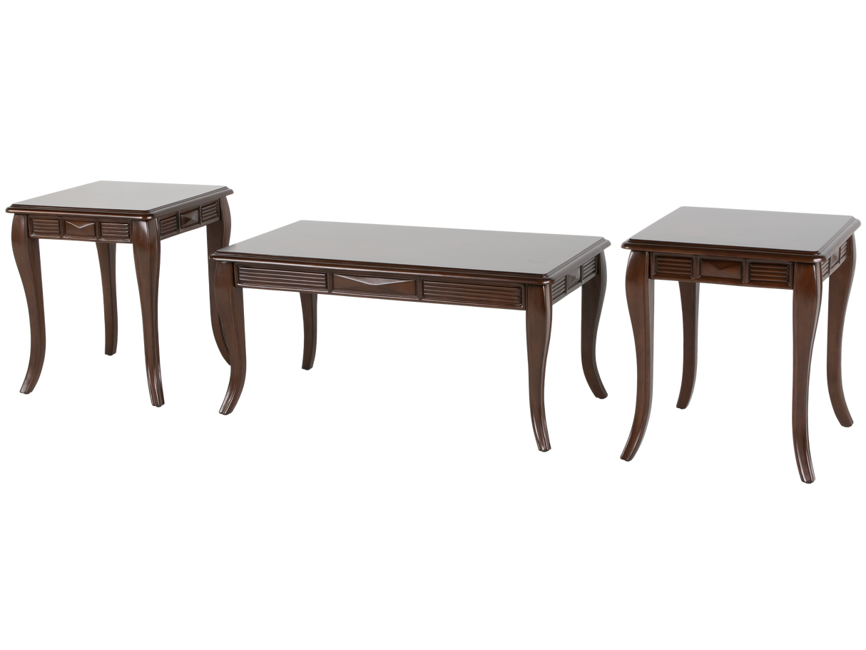 Transitional Dark Brown 3-Piece Coffee Table Set with Framed Inlay-Style Tops & Curved Legs