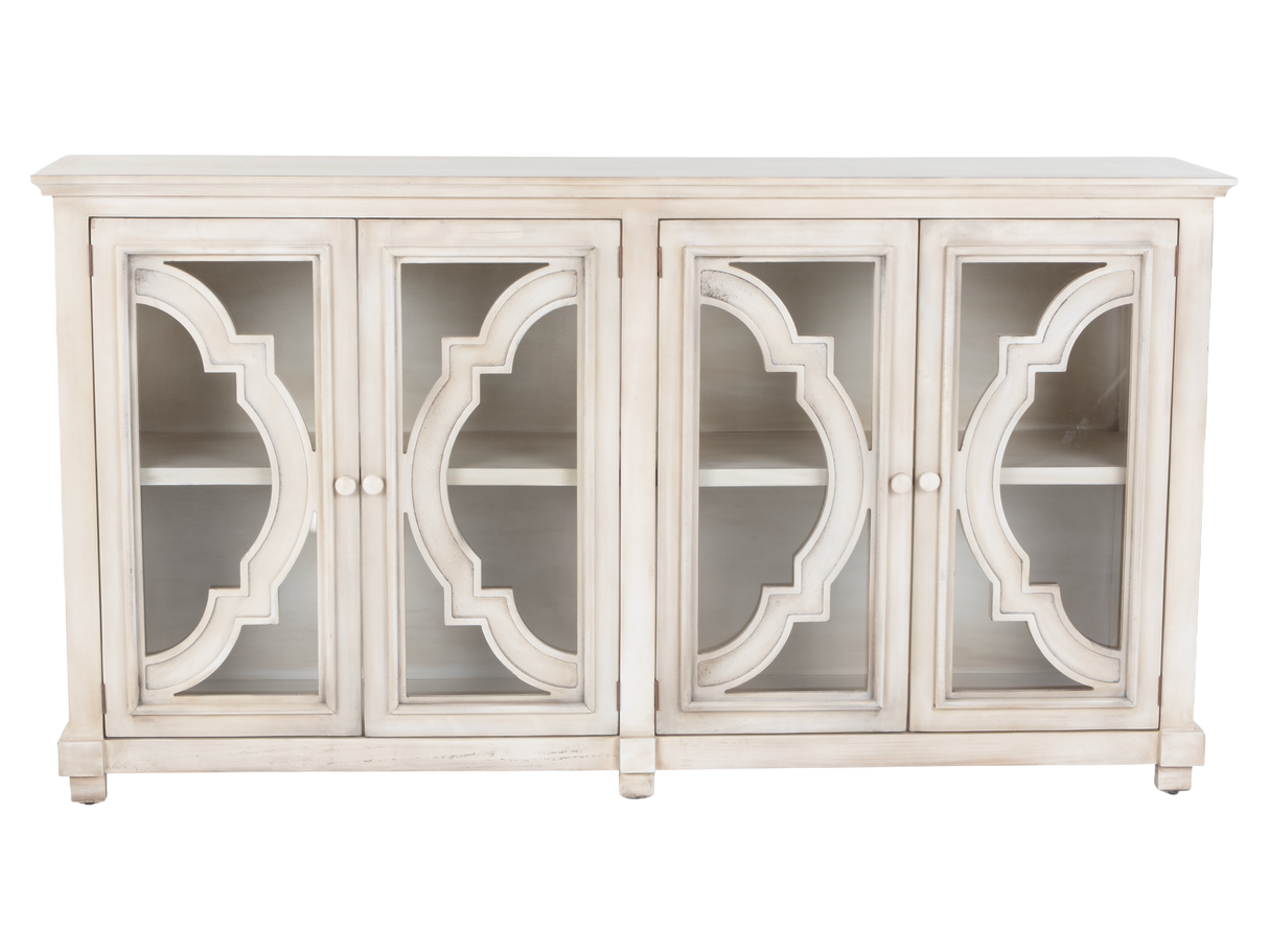 Antique Cream 4-Door Glass Sideboard with Shelves