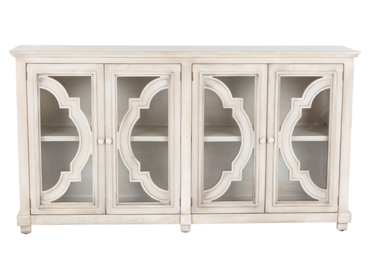 Antique Cream 4-Door Glass Sideboard with Shelves