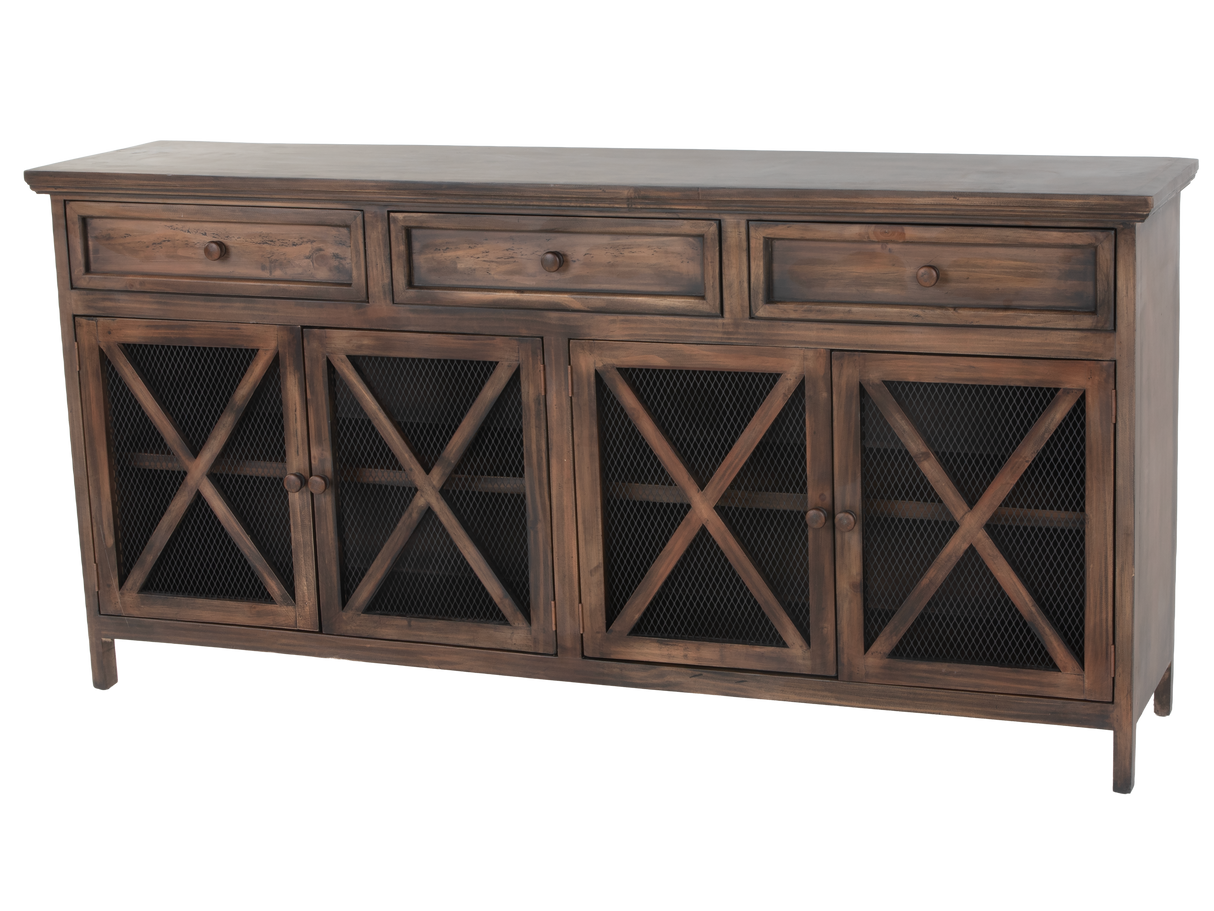 Rustic Brown 4-Door Console Table with Mesh Doors & 3 Storage Drawers