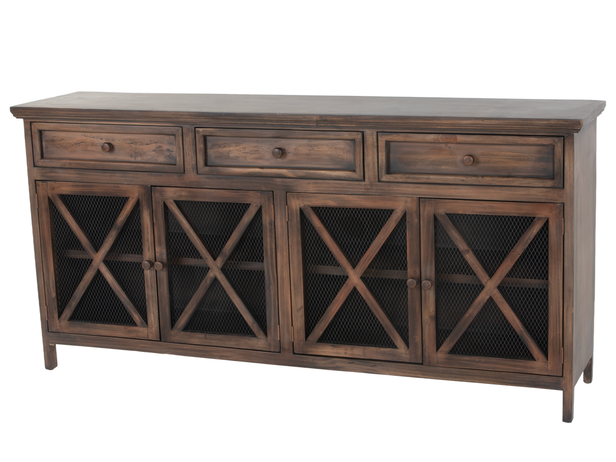 Rustic Brown 4-Door Console Table with Mesh Doors & 3 Storage Drawers