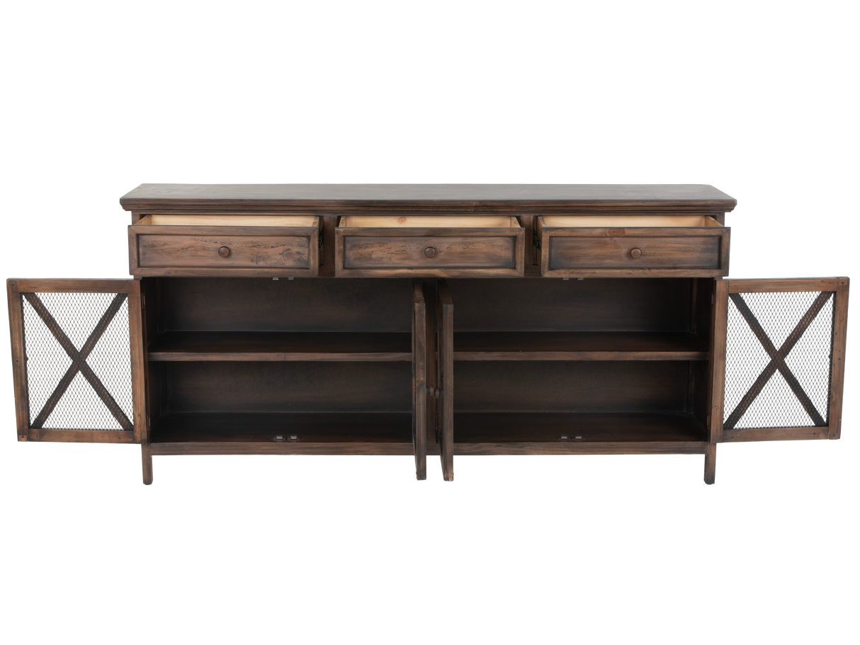 Rustic Brown 4-Door Console Table with Mesh Doors & 3 Storage Drawers