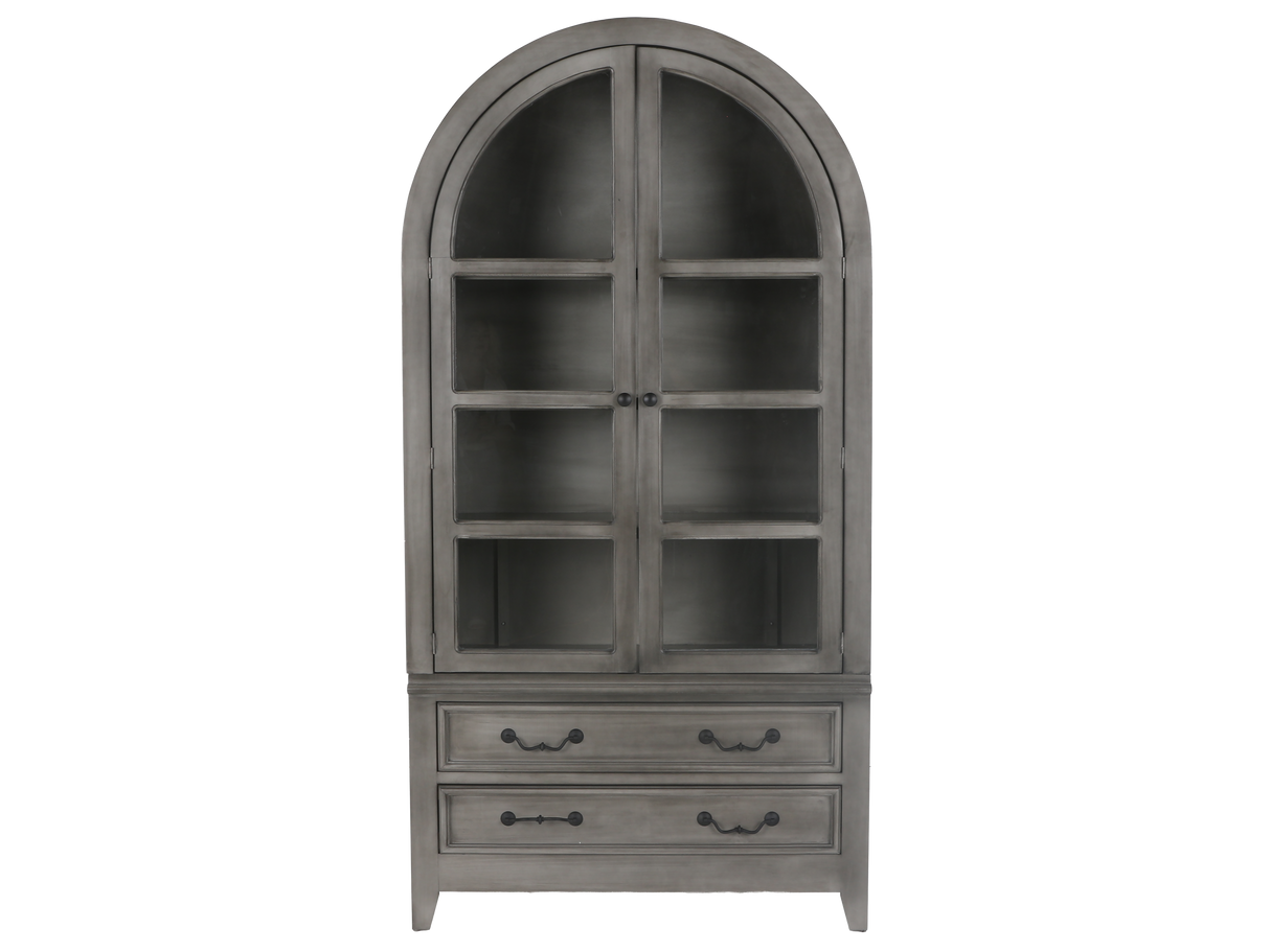 Arched Gray Display Cabinet with Glass Doors & Storage Drawers