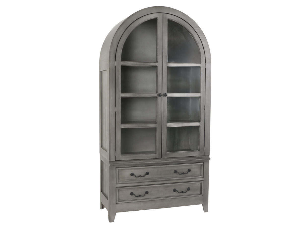Arched Gray Display Cabinet with Glass Doors & Storage Drawers