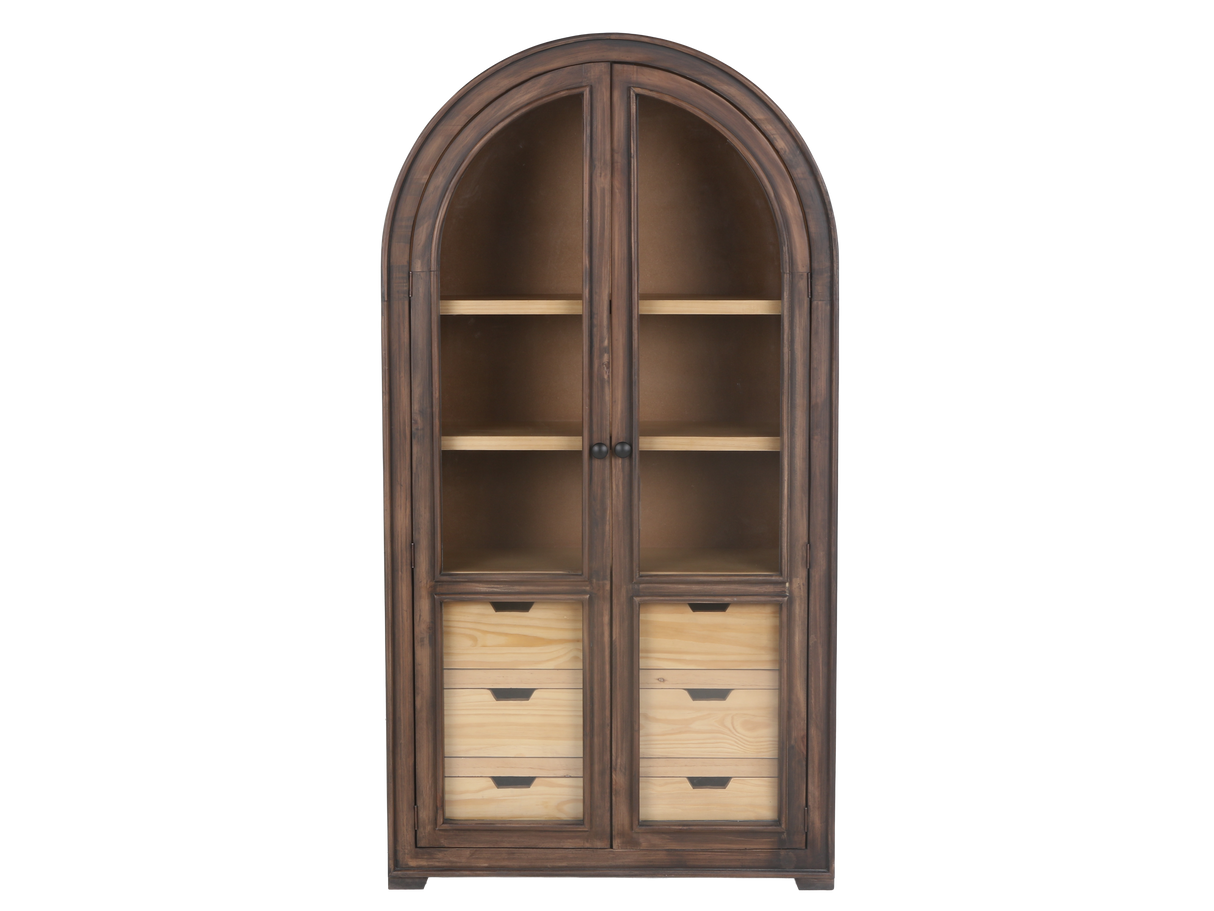 Rustic Brown Arched Glass Door Curio Cabinet with 6 Drawers
