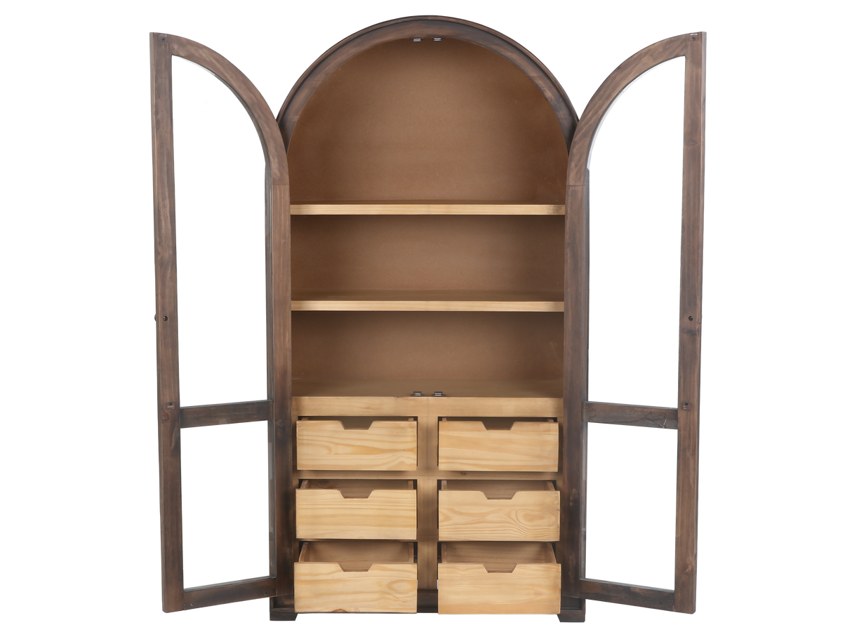 Rustic Brown Arched Glass Door Curio Cabinet with 6 Drawers