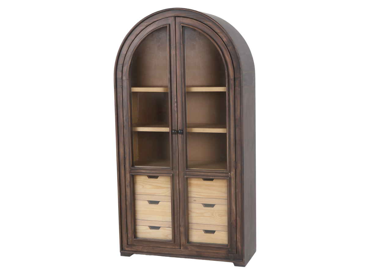 Rustic Brown Arched Glass Door Curio Cabinet with 6 Drawers