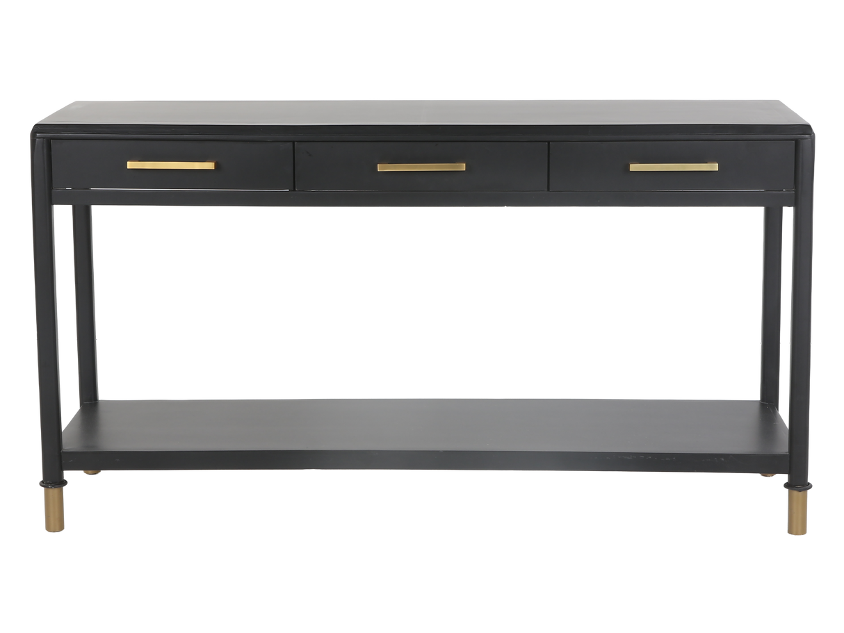 Black Modern Console Table with Brass Accents and 3 Drawers